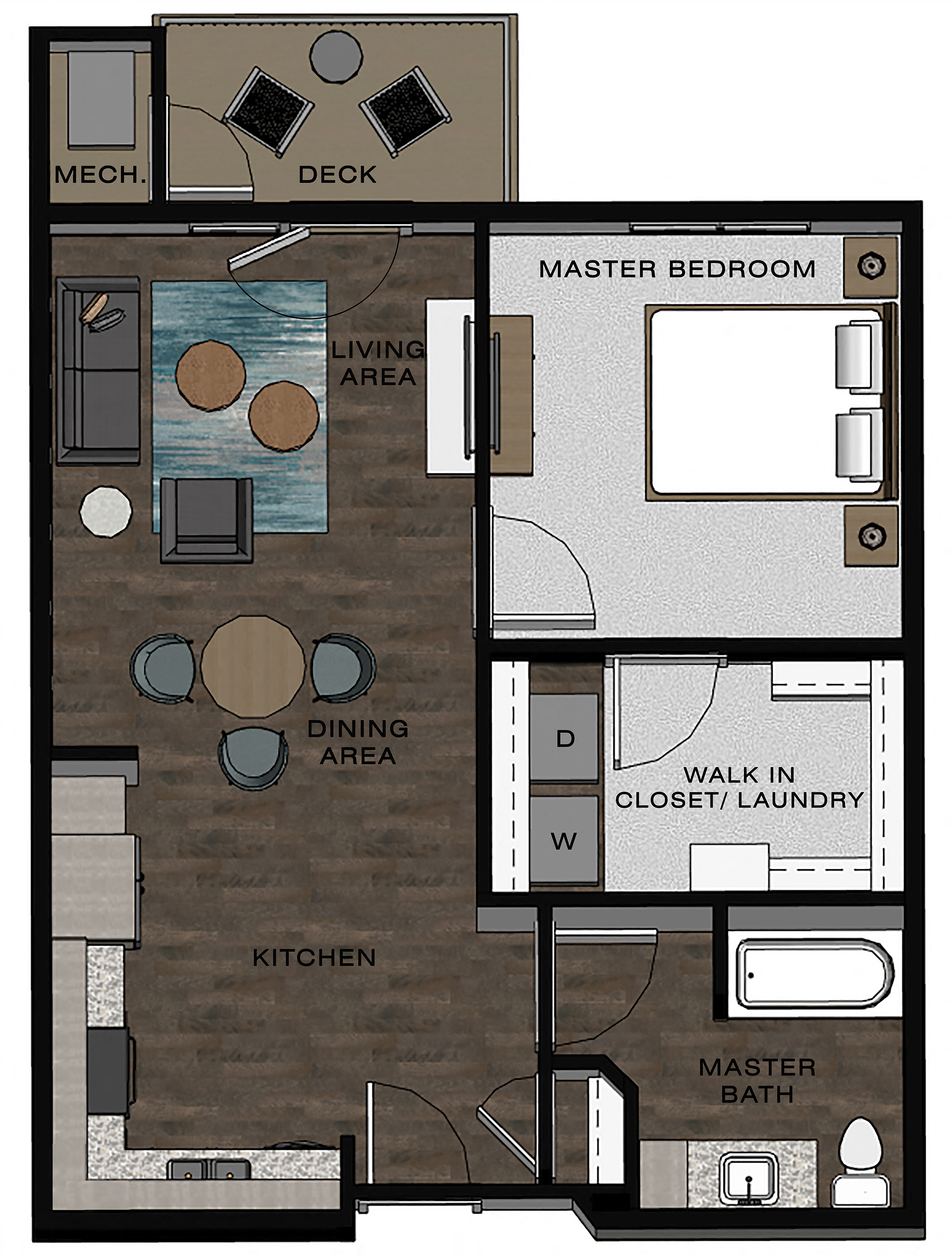 Floor plan for 1 bed, 1 bath, 705 sqft
